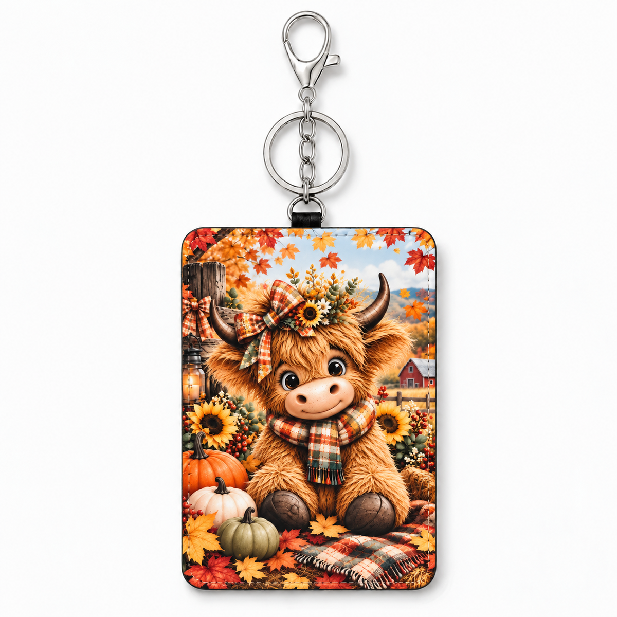 Autumn Highland cow pumpkin patch ID holder white background with silver clasp and key ring