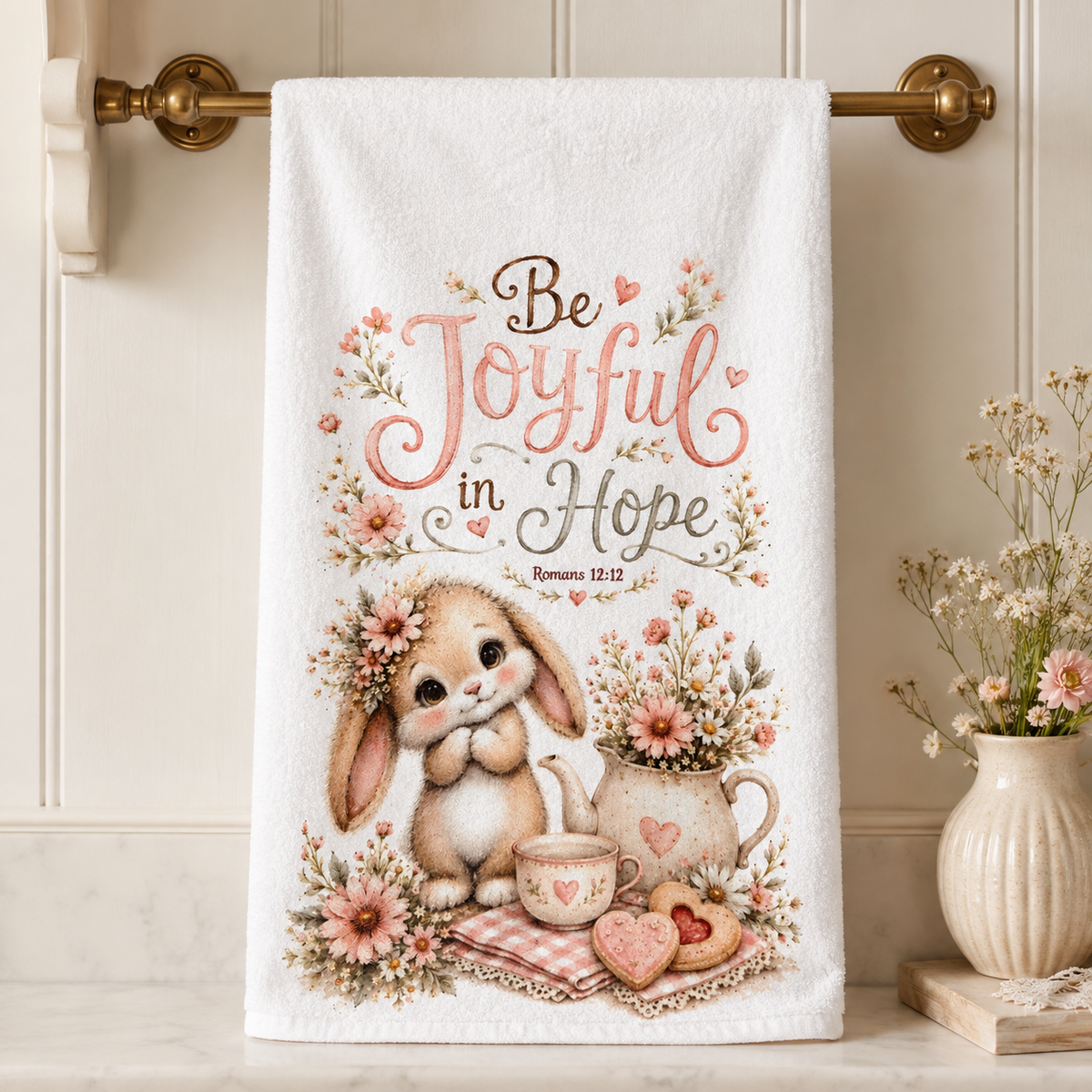 16 x 24 Christian kitchen towel with bunny and Romans 12:12