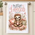 16 x 24 Christian kitchen towel with sloth and Psalm 46:10