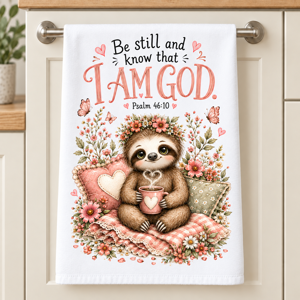 16 x 24 Christian kitchen towel with sloth and Psalm 46:10