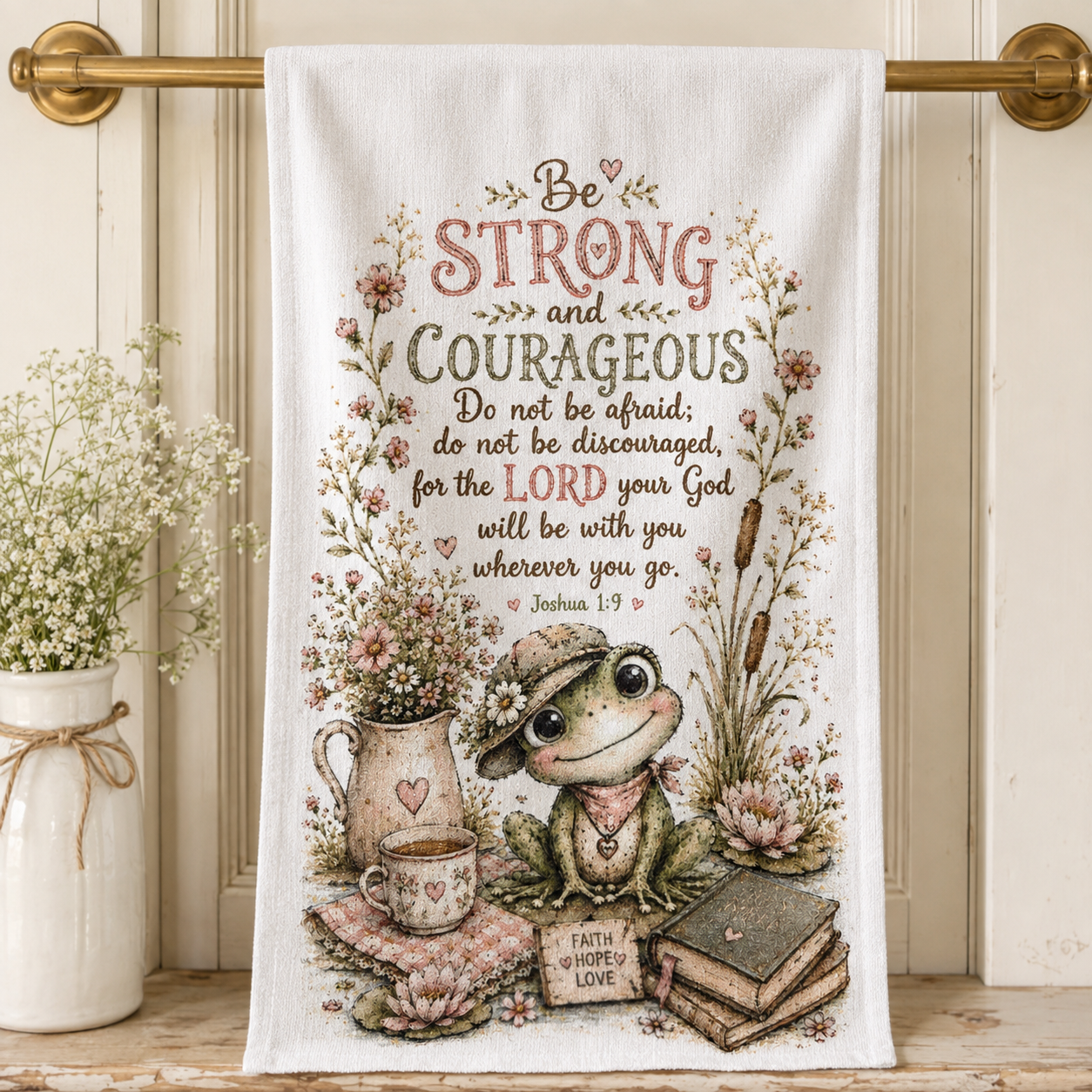 16 x 24 Christian kitchen towel with frog and Joshua 1:9