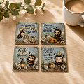 Set of four ceramic coasters with whimsical bee Christian scripture designs