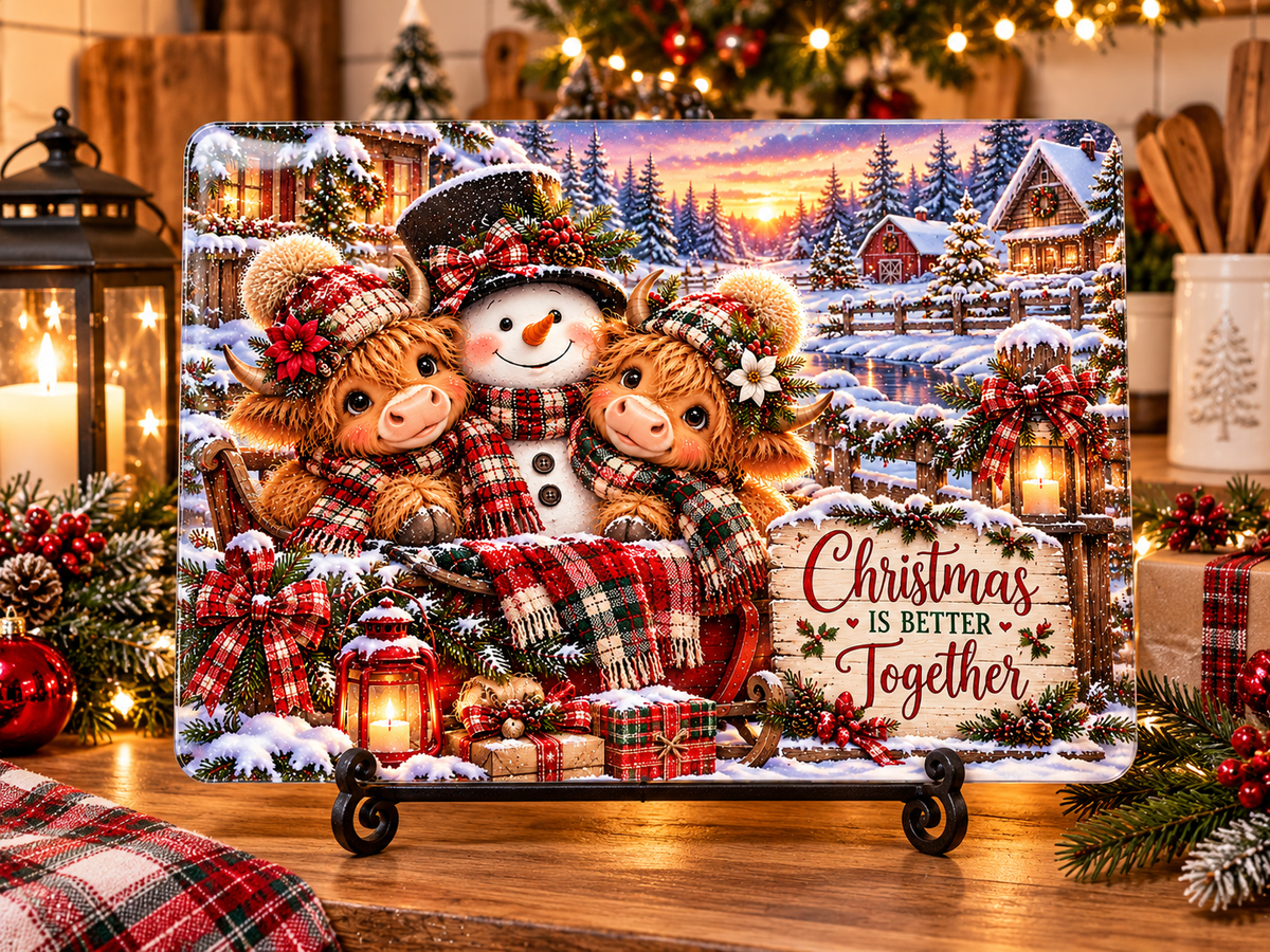 Christmas Is Better Together Highland cow and snowman glass cutting board