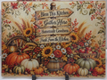 Actual Bless This Kitchen autumn harvest glass cutting board with pumpkins, sunflowers and rustic wooden direction signs