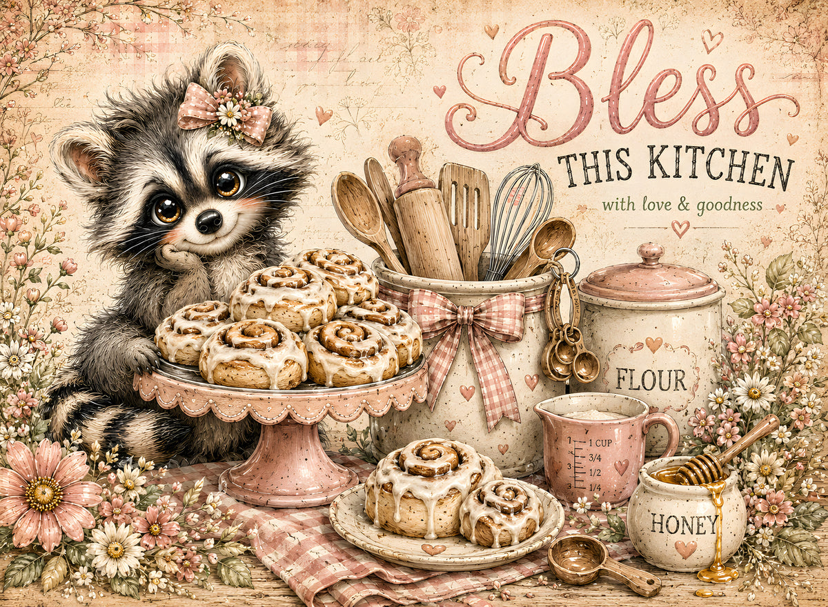 Bless This Kitchen raccoon and cinnamon rolls glass cutting board