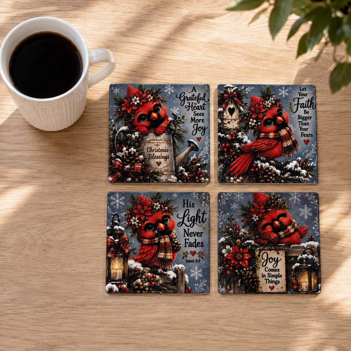 Set of four ceramic coasters with Christmas cardinal faith-inspired designs