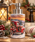 Vintage red truck Christmas stainless steel soap and lotion dispenser festive farmhouse kitchen mockup