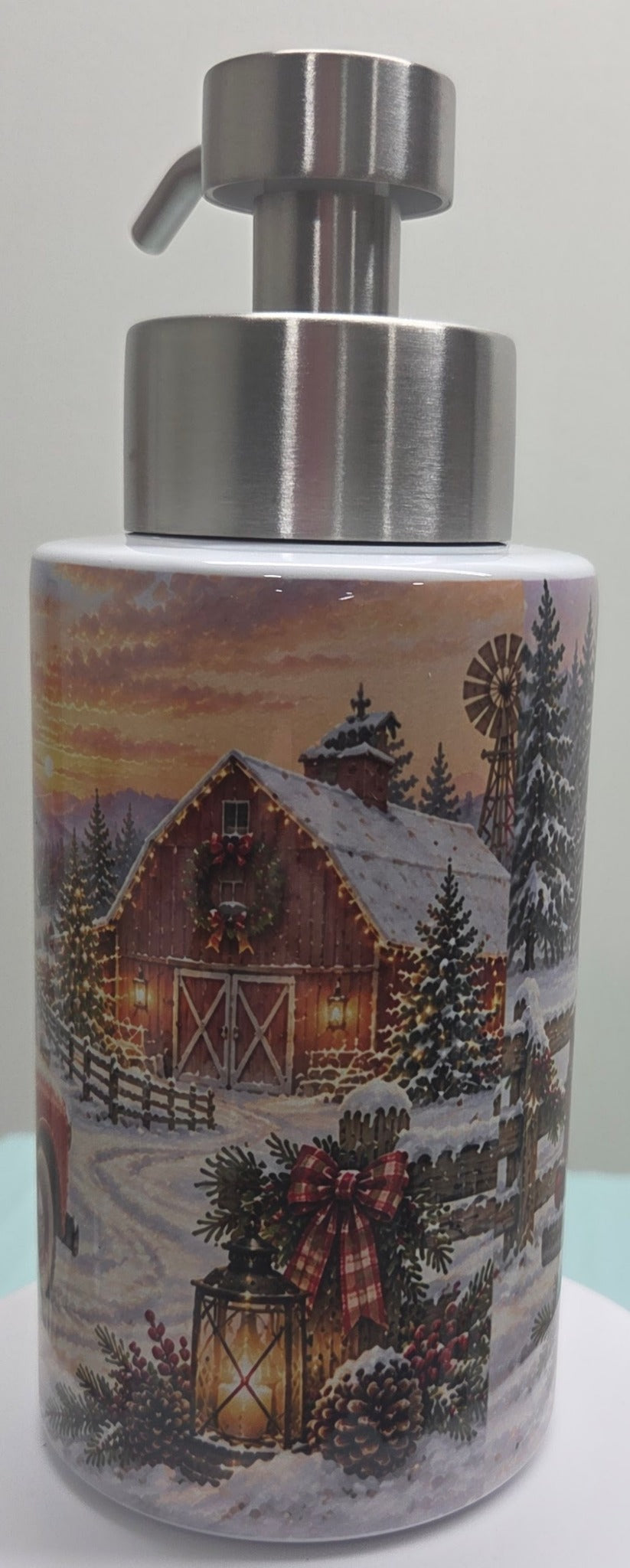 Actual Christmas soap dispenser snowy barn and lantern side
