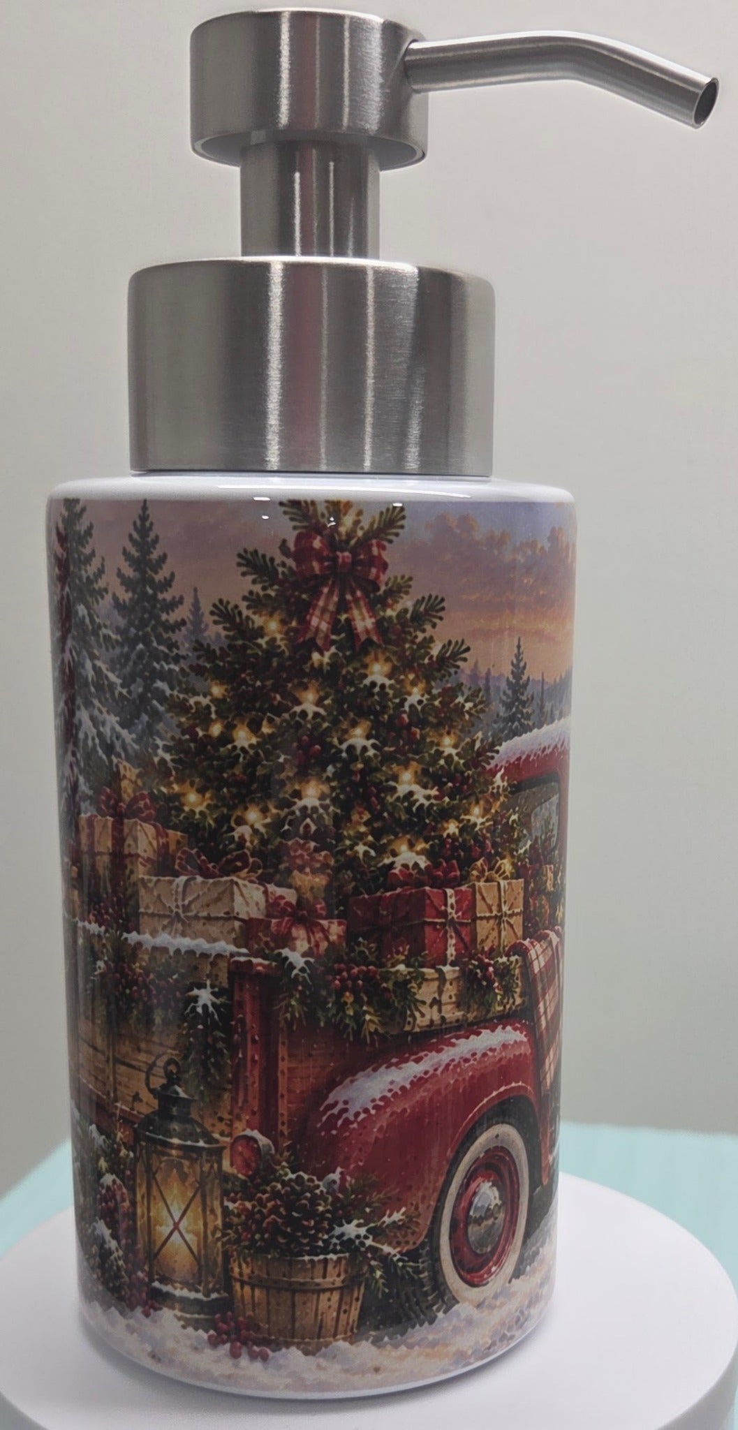 Actual soap dispenser Christmas tree gifts and vintage truck bed scene