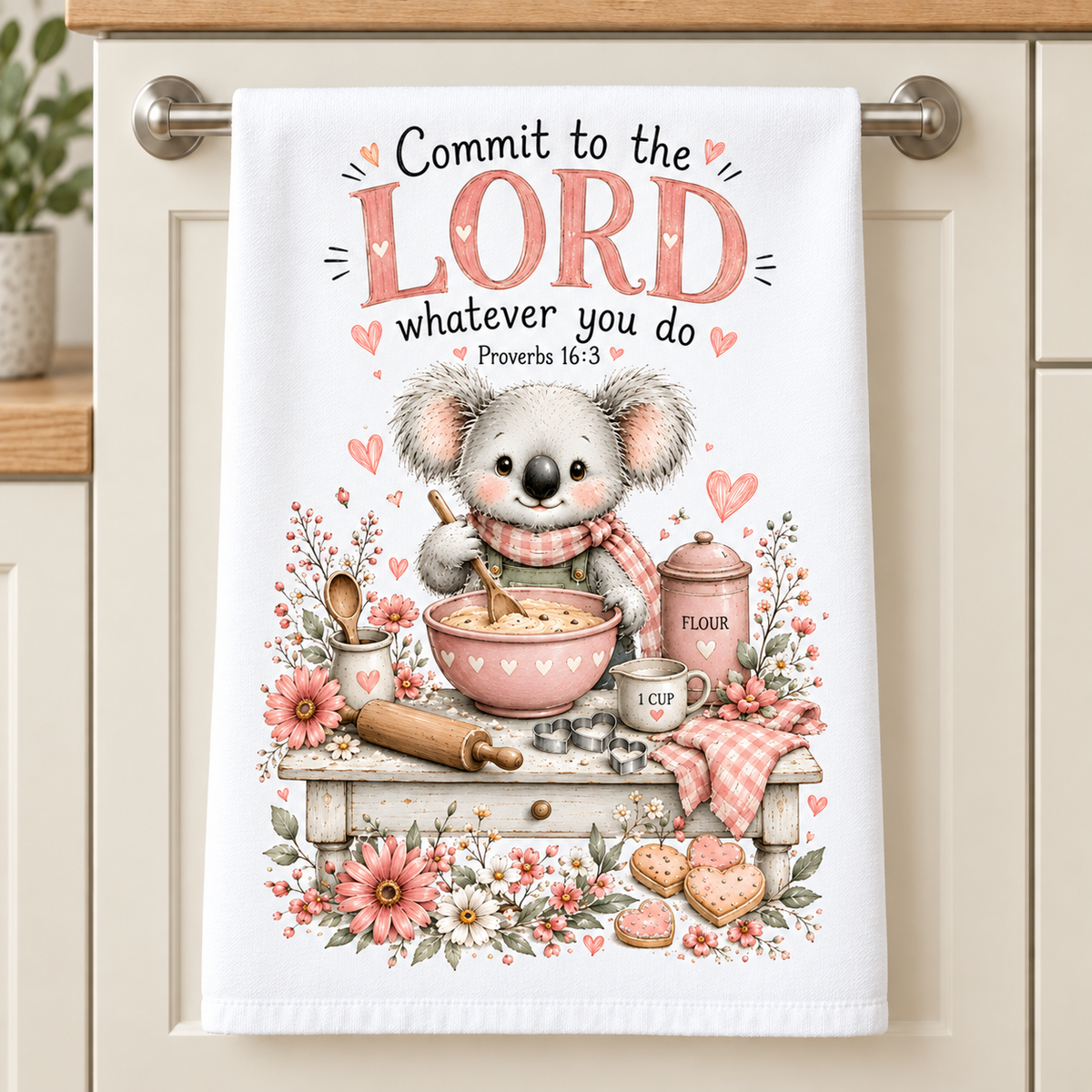 16 x 24 Christian kitchen towel with koala and Proverbs 16:3