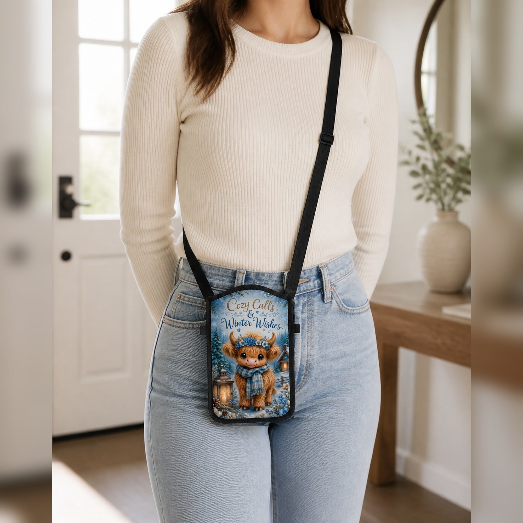 Cozy Calls and Winter Wishes Highland cow cellphone purse