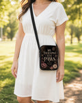 My Therapist Has Paws Crossbody Purse shown worn as an over-the-shoulder purse