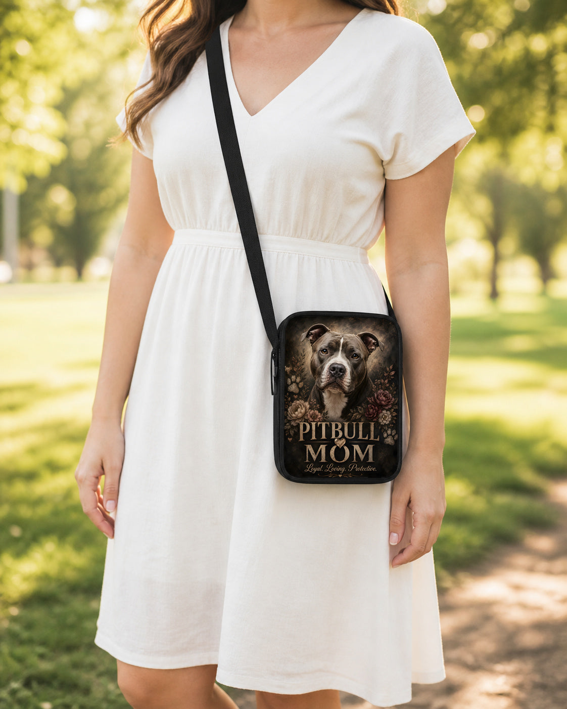 Pitbull Mom Floral Crossbody Purse shown worn as an over-the-shoulder purse