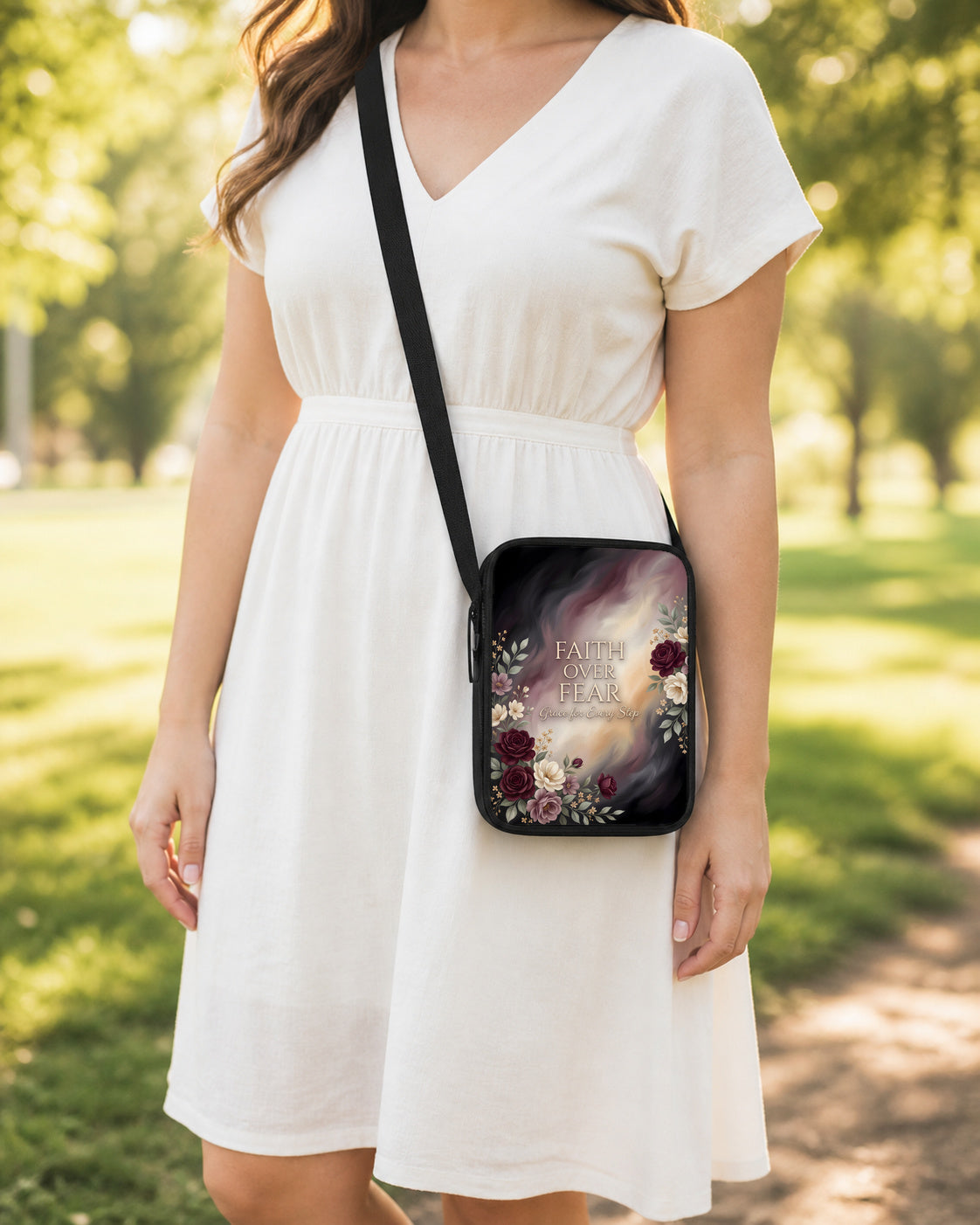 Faith Over Fear Floral Crossbody Purse shown worn as an over-the-shoulder purse