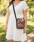Yorkie Mama Floral Crossbody Purse shown worn as an over-the-shoulder purse