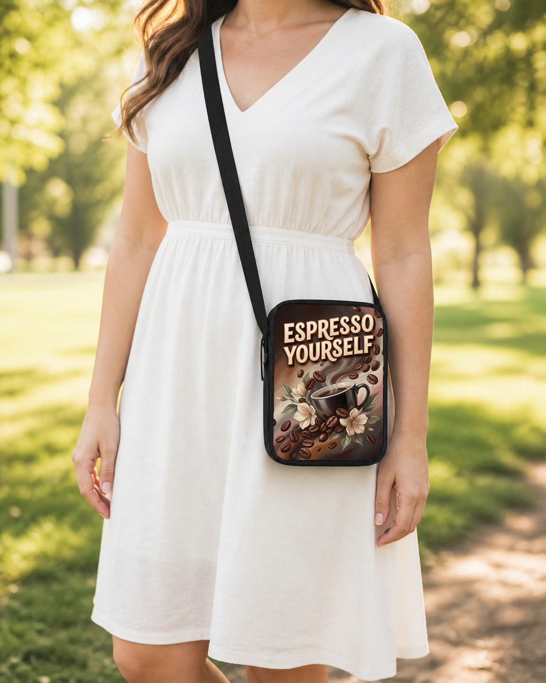 Espresso Yourself Coffee Crossbody Purse shown worn as an over-the-shoulder purse
