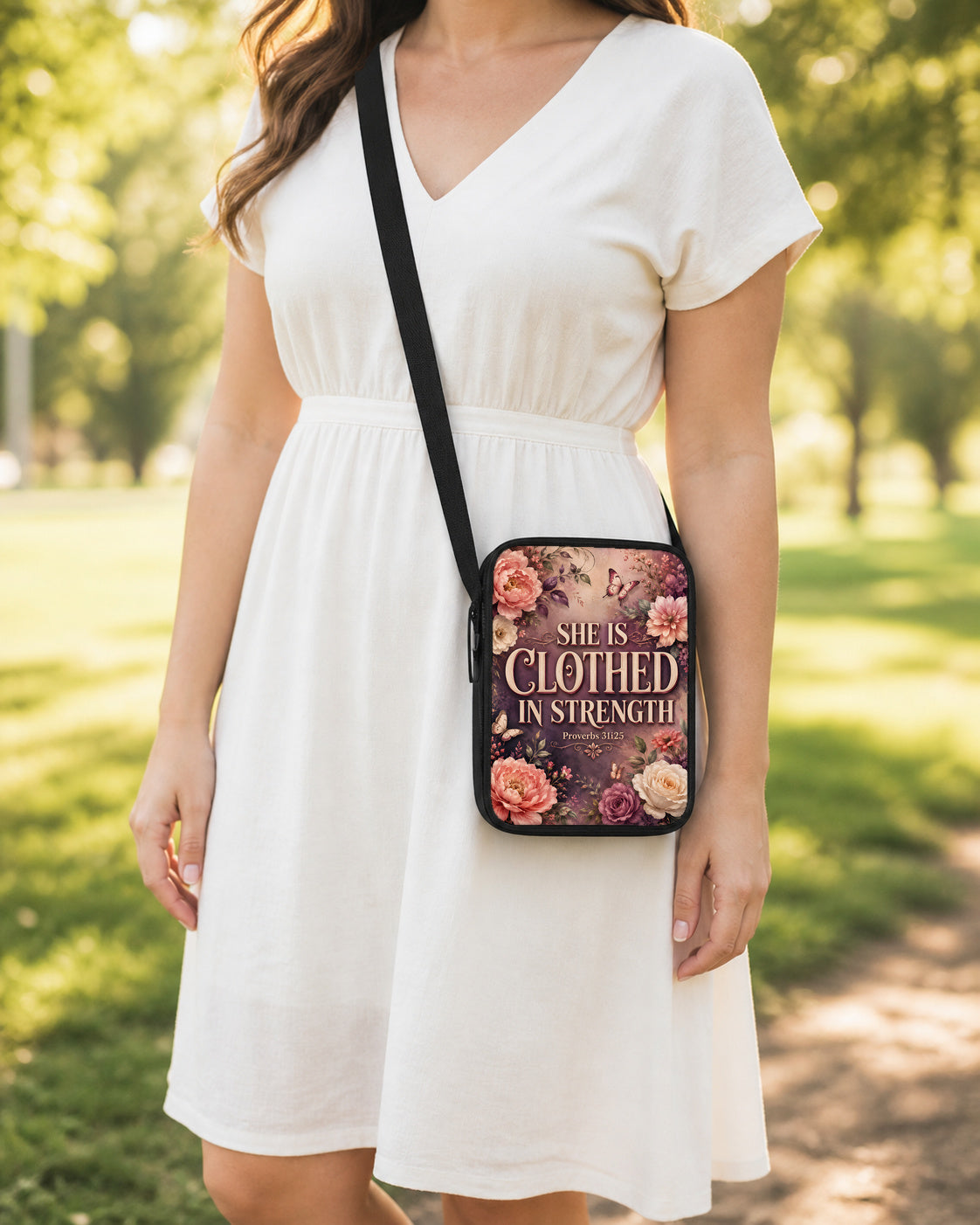She Is Clothed in Strength Crossbody Purse shown worn as an over-the-shoulder purse