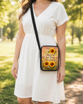 Stay Sunny Be Happy Sunflower Crossbody Purse shown worn as an over-the-shoulder purse