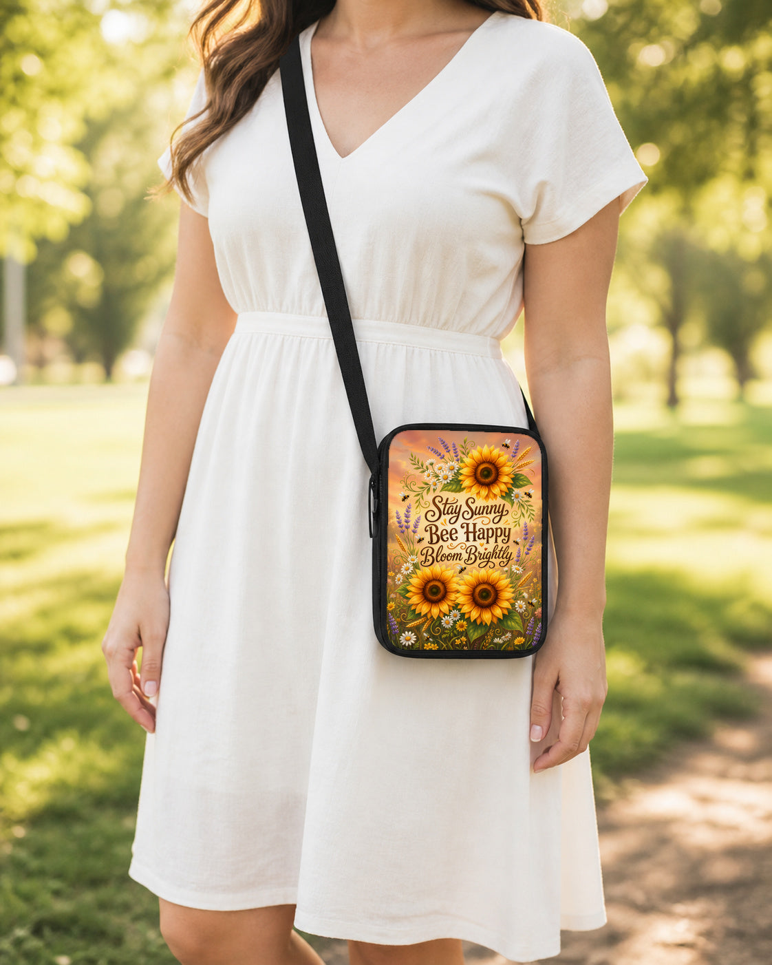 Stay Sunny Be Happy Sunflower Crossbody Purse shown worn as an over-the-shoulder purse