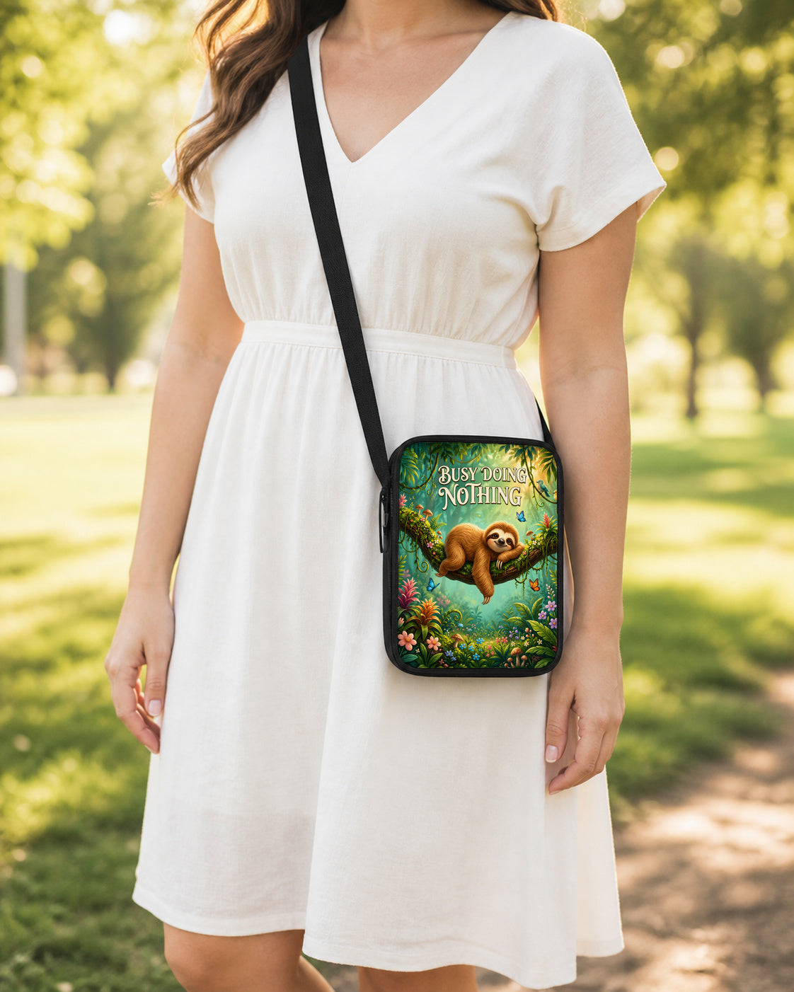 Busy Doing Nothing Sloth Crossbody Purse shown worn as an over-the-shoulder purse