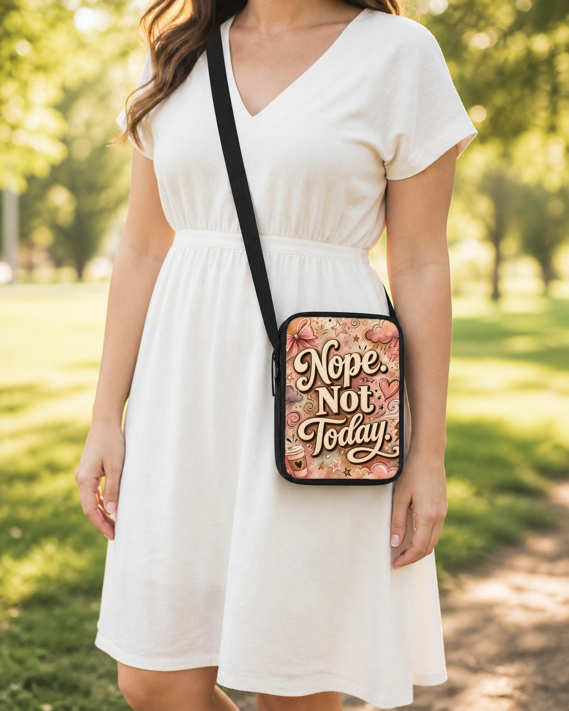 Nope Not Today Crossbody Purse shown worn as an over-the-shoulder purse