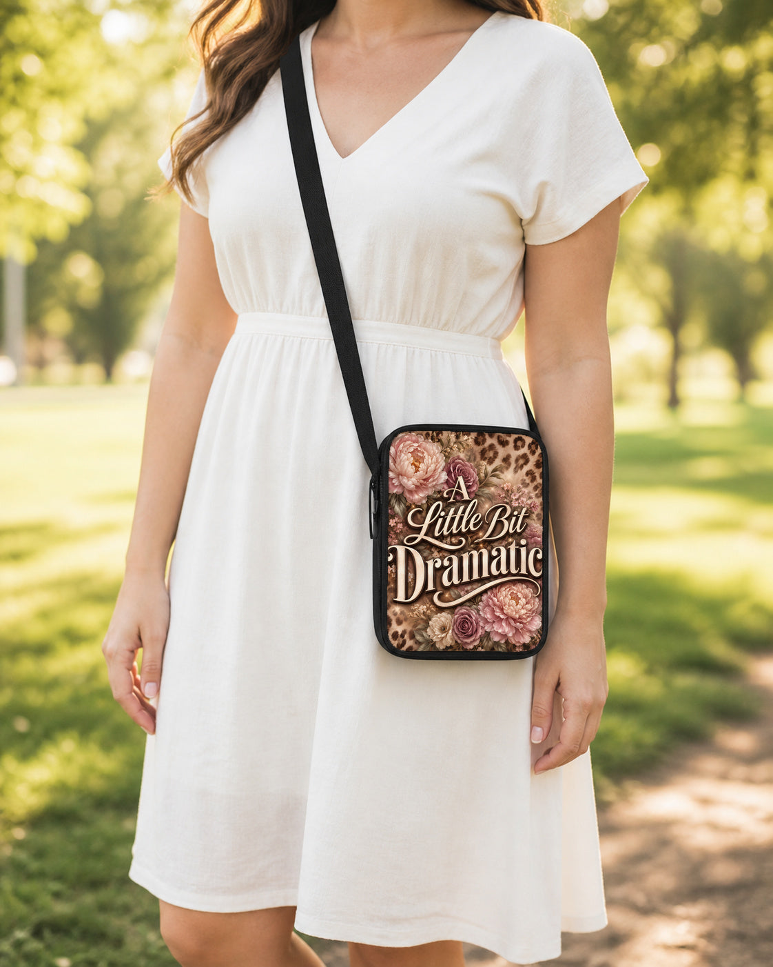 A Little Bit Dramatic Crossbody Purse shown worn as an over-the-shoulder purse