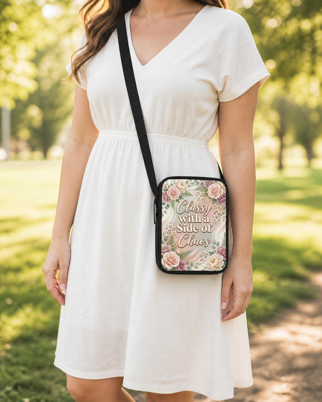 Classy With a Side of Chaos Crossbody Purse shown worn as an over-the-shoulder purse