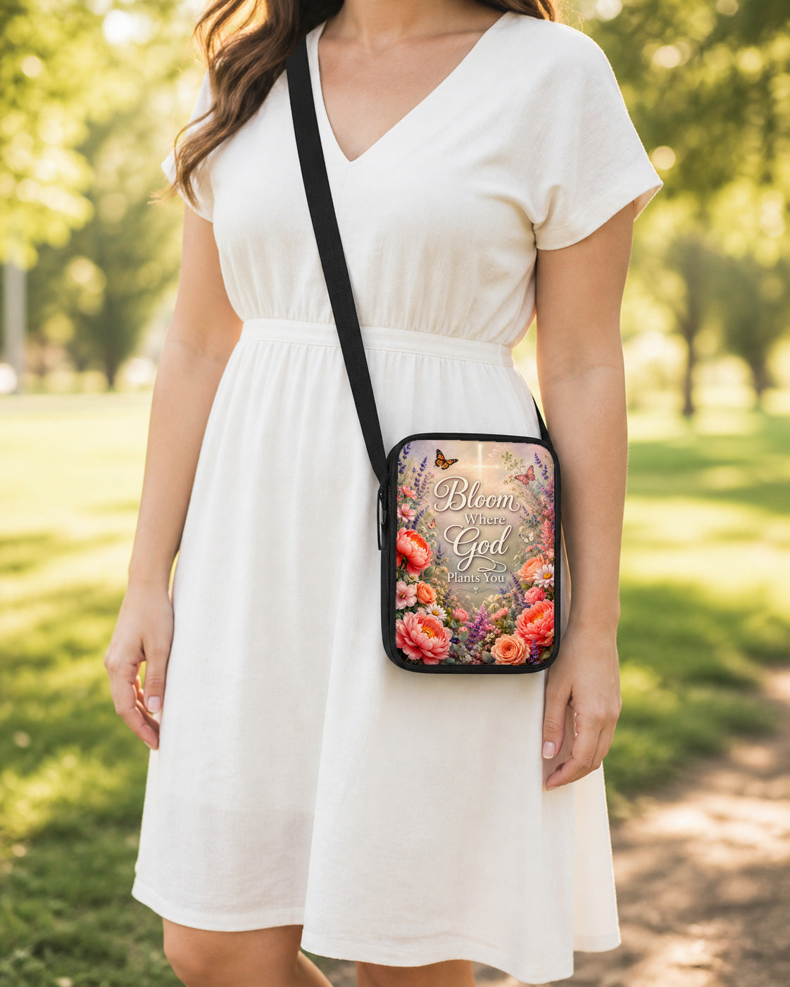 Bloom Where God Plants You Crossbody Purse shown worn as an over-the-shoulder purse