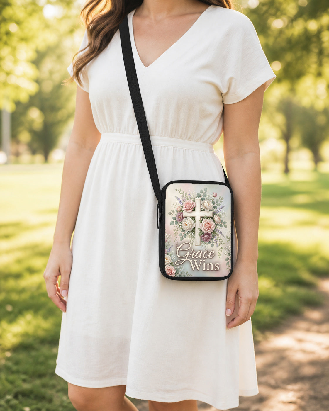 Grace Wins Pastel Floral Crossbody Purse shown worn as an over-the-shoulder purse