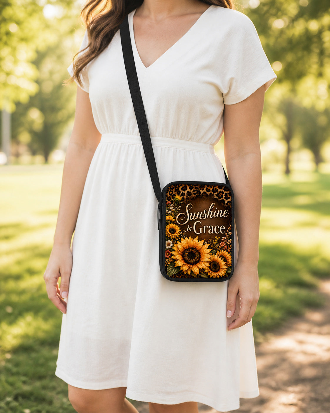 Sunshine and Grace Sunflower Crossbody Purse shown worn as an over-the-shoulder purse