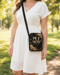 Pet Mom My Kids Have Paws Crossbody Purse shown worn as an over-the-shoulder purse