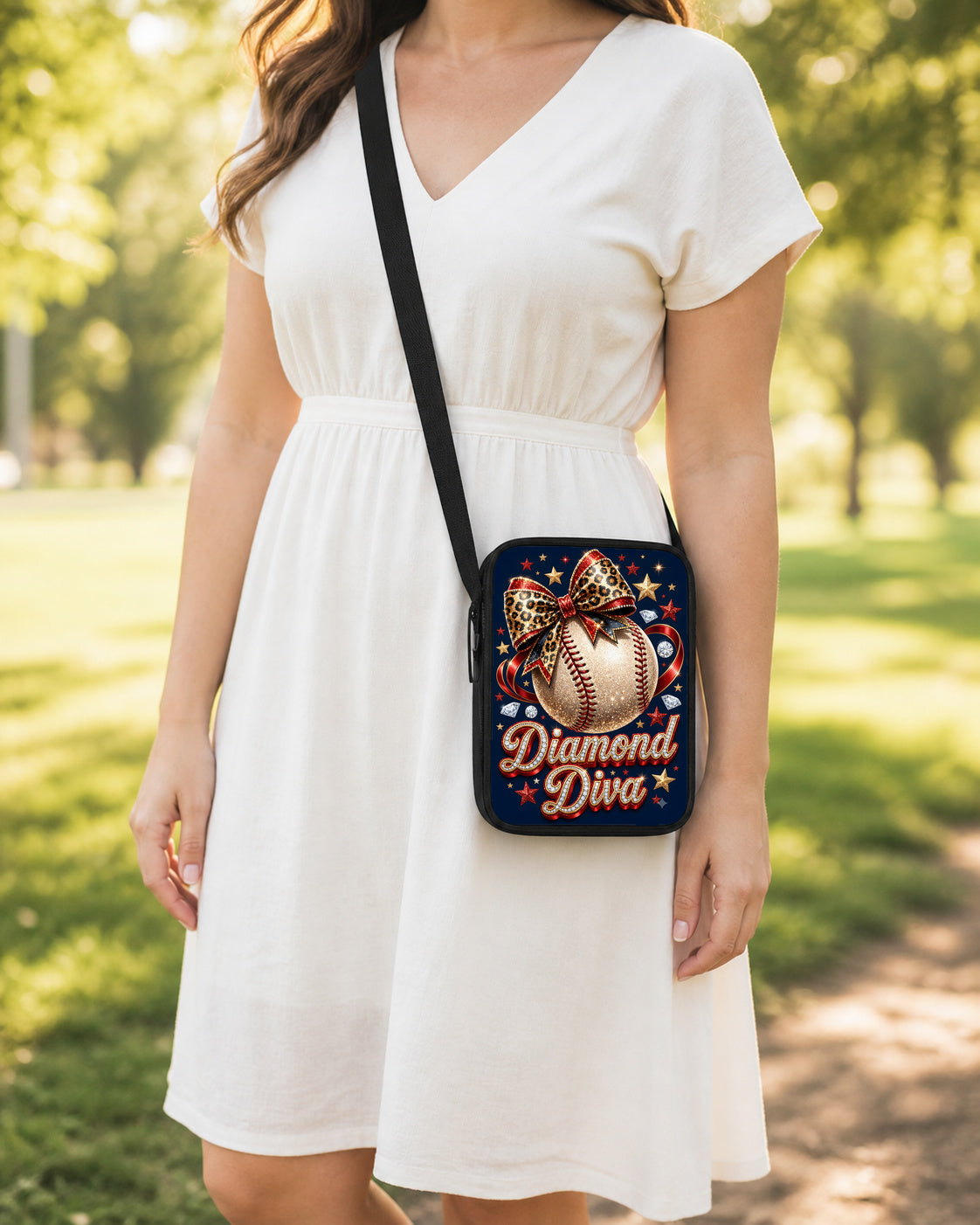 Diamond Diva Baseball Crossbody Purse shown worn as an over-the-shoulder purse