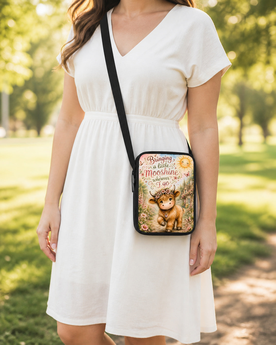 Bringing a Little Moo-shine Highland Cow Crossbody Purse shown worn as an over-the-shoulder purse