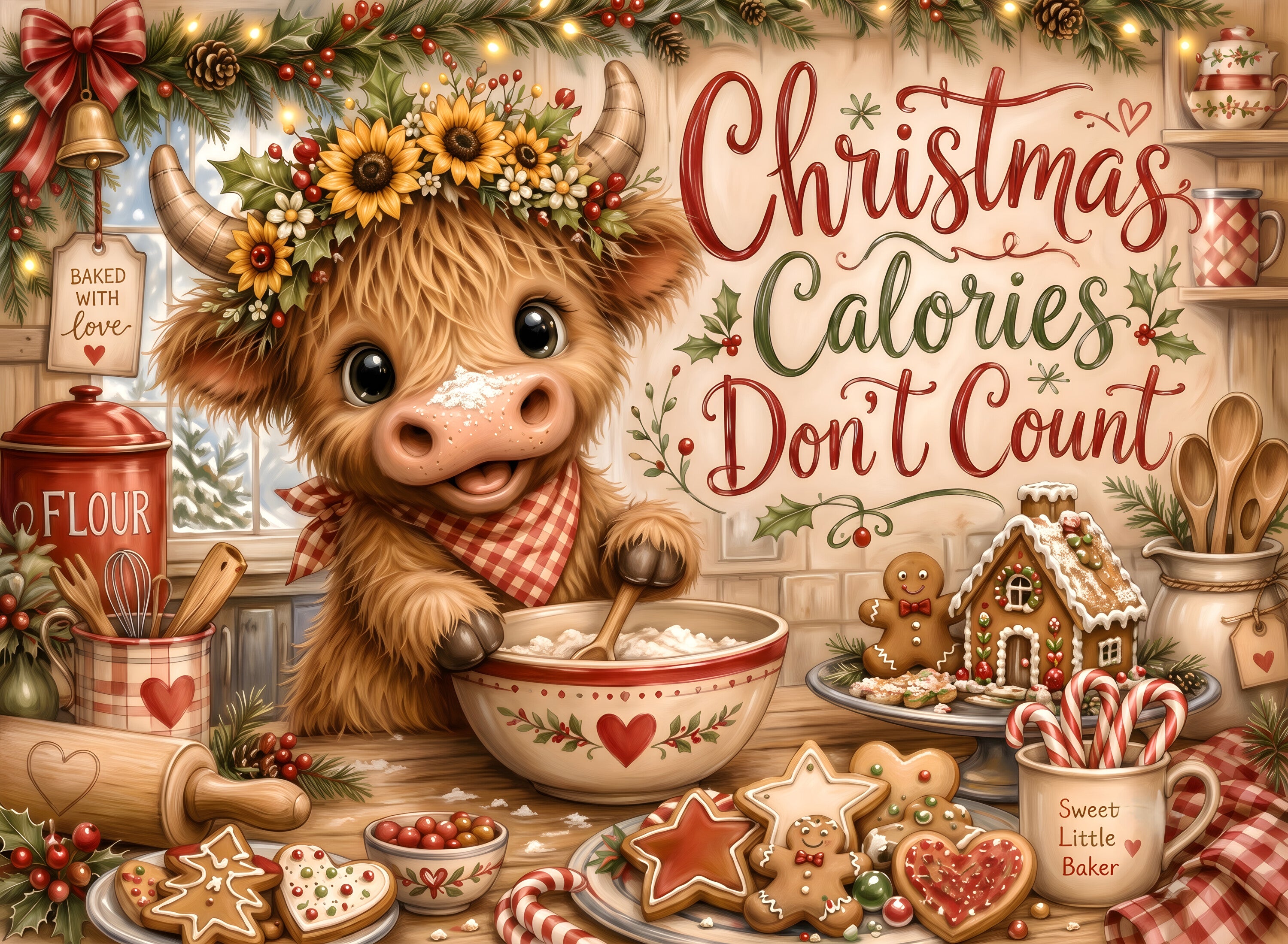Christmas Calories Don't Count Highland Cow glass cutting board