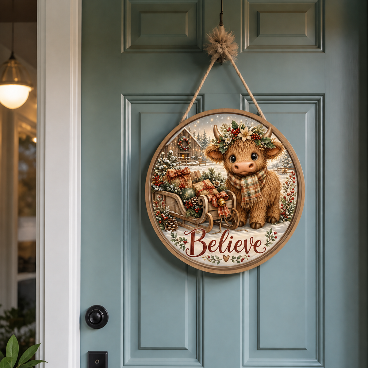 Believe woodland deer Christmas door round