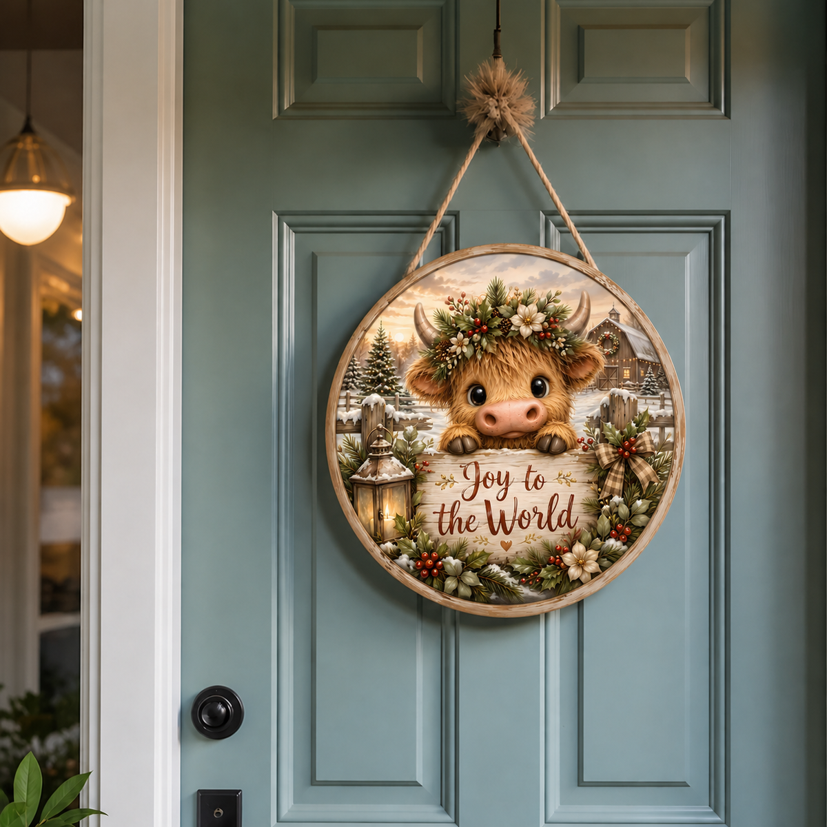 Joy to the World woodland Christmas door round