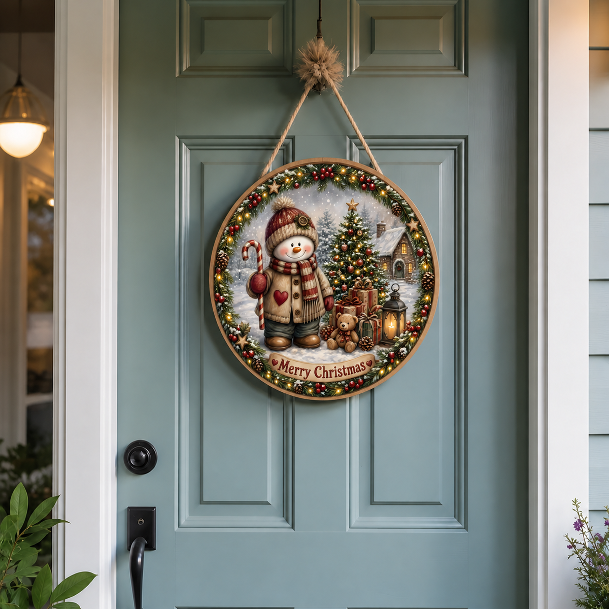 Merry Christmas snowman village door round