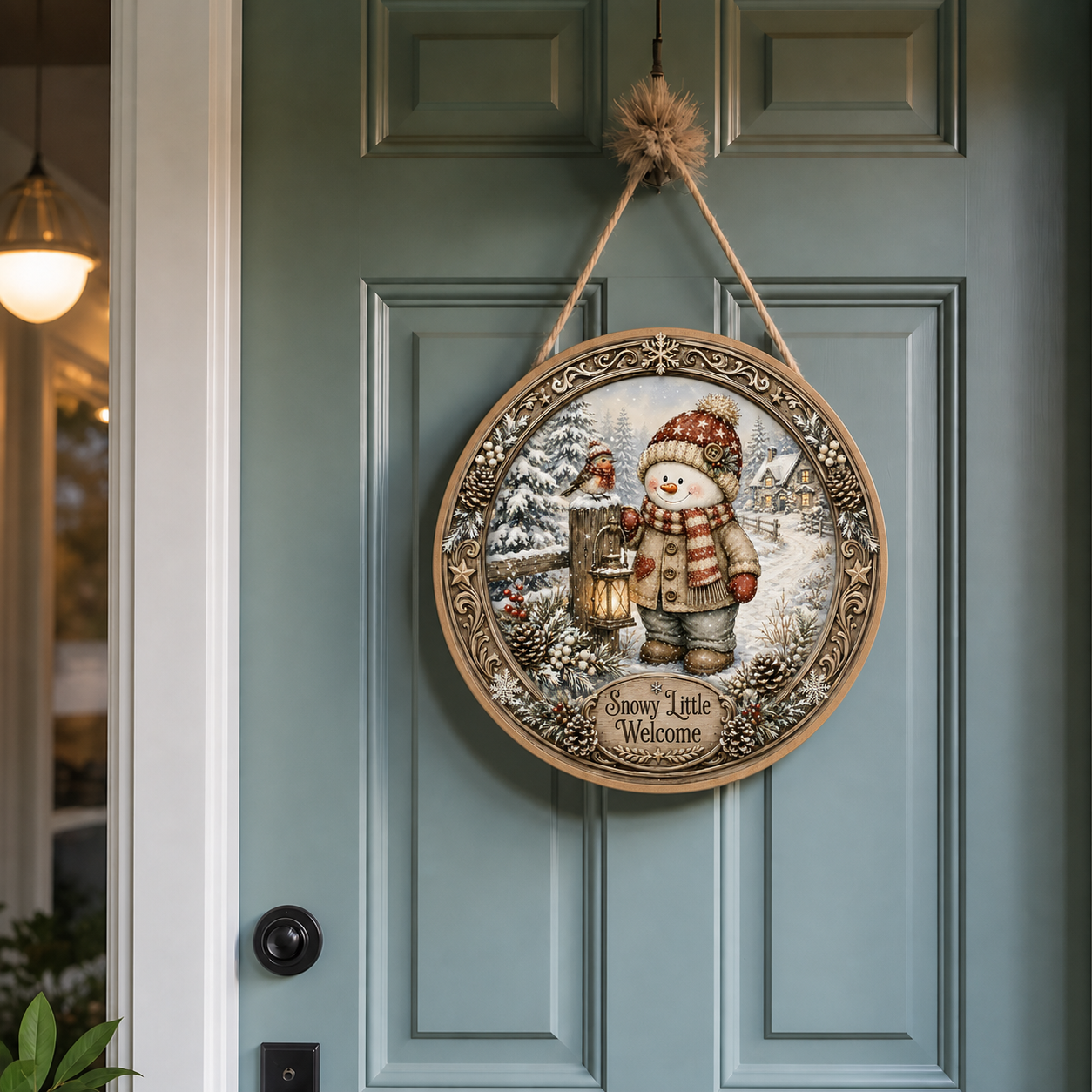 Snowman winter welcome Christmas door round