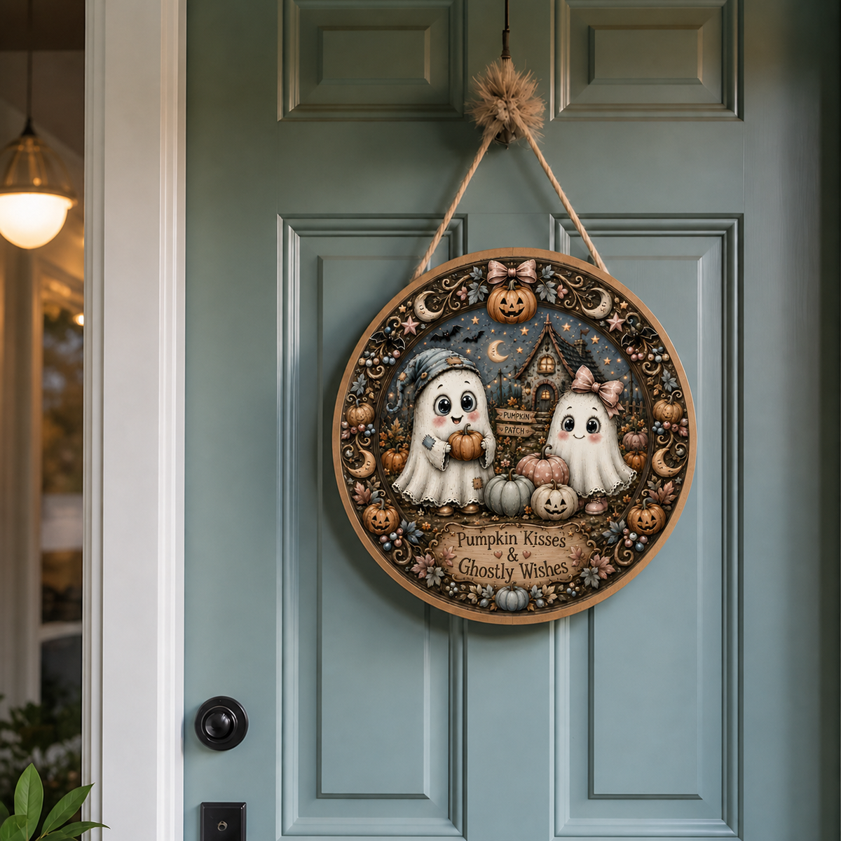 Pumpkin kisses ghostly wishes door round