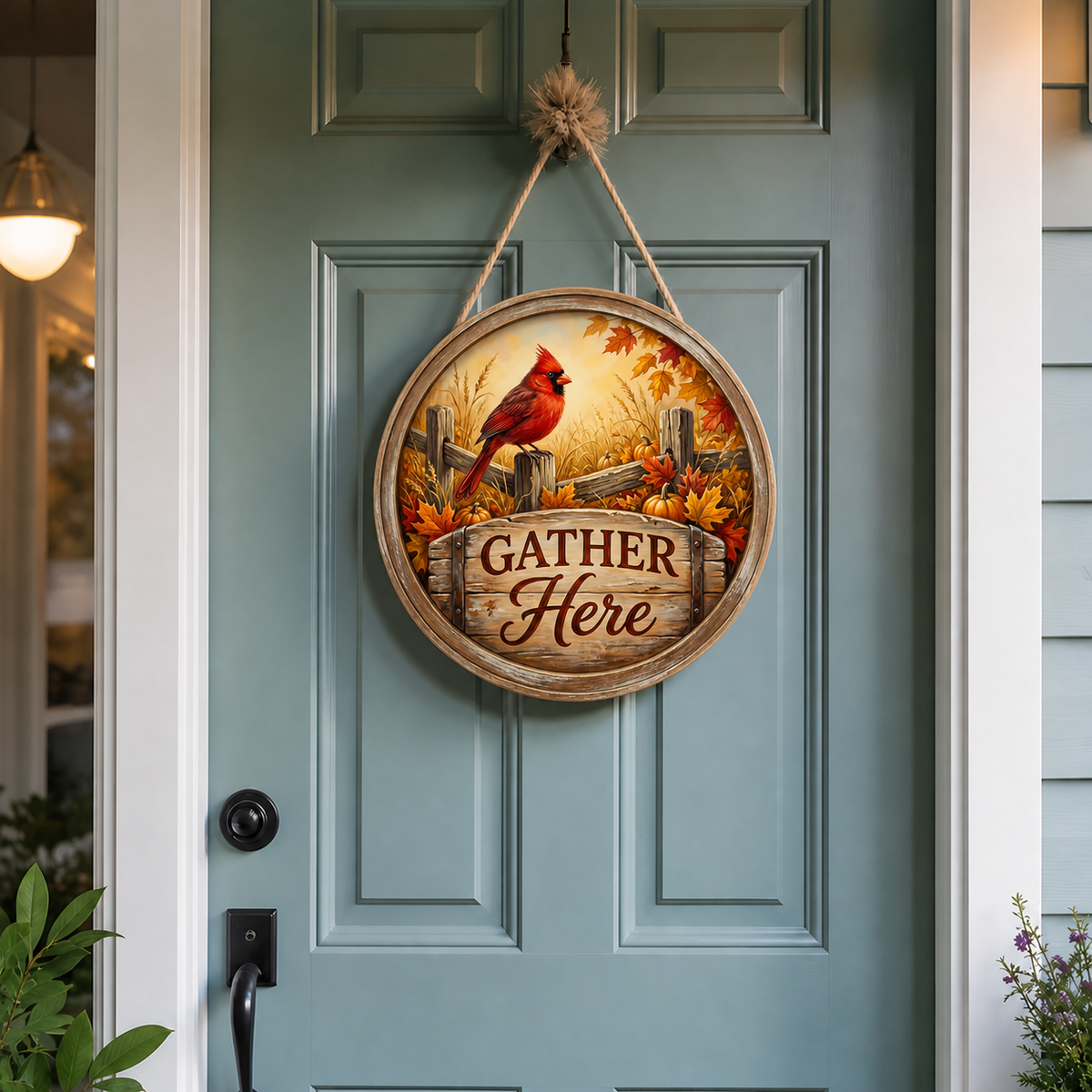 Gather Here cardinal fall door round