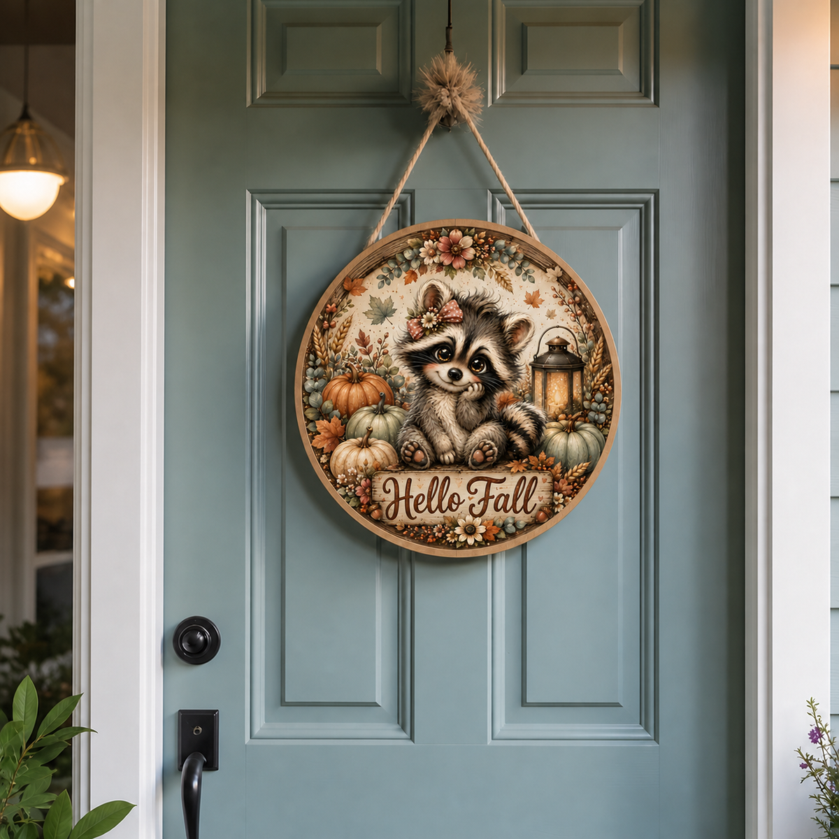 Hello Fall raccoon door round