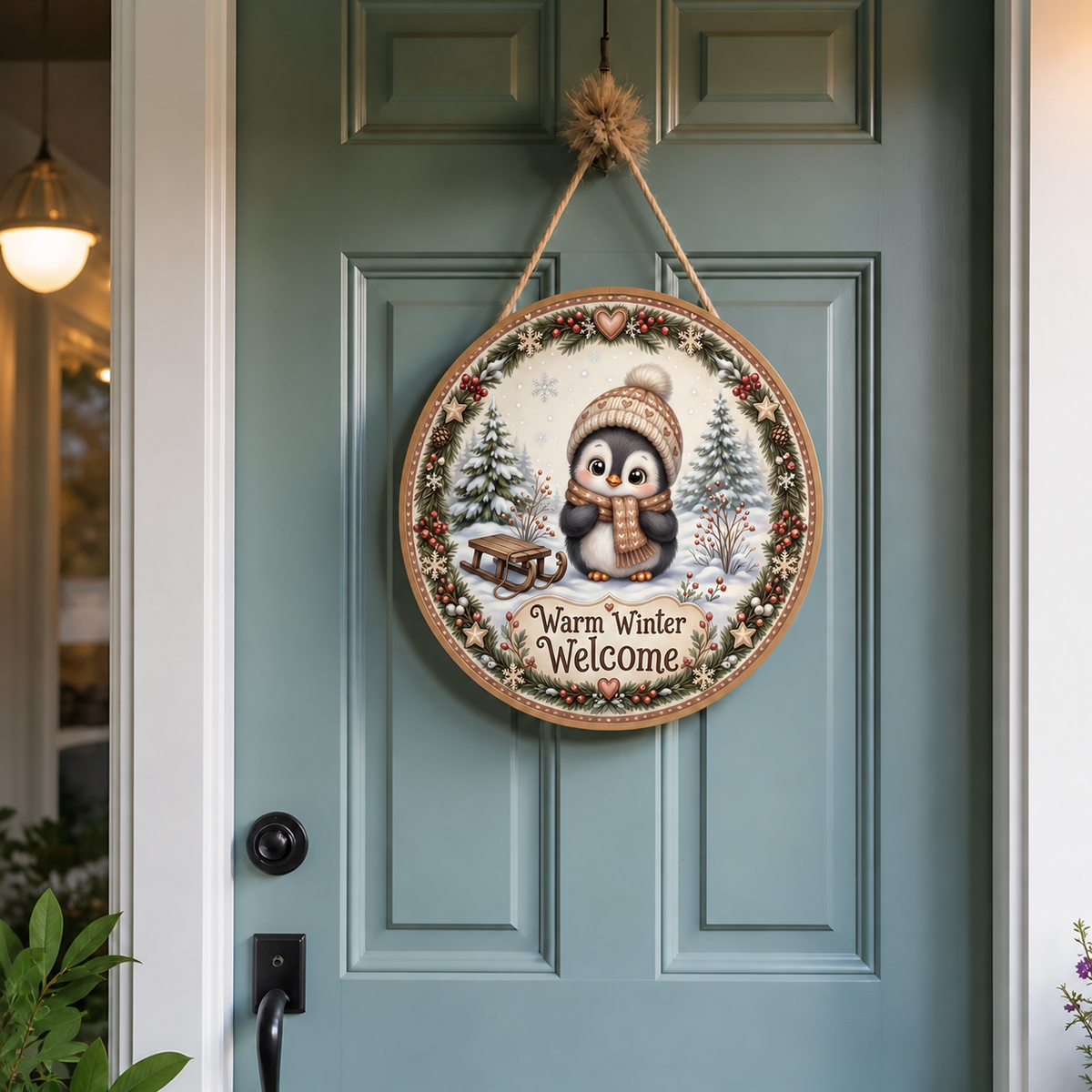 Warm Winter Welcome penguin door round mockup