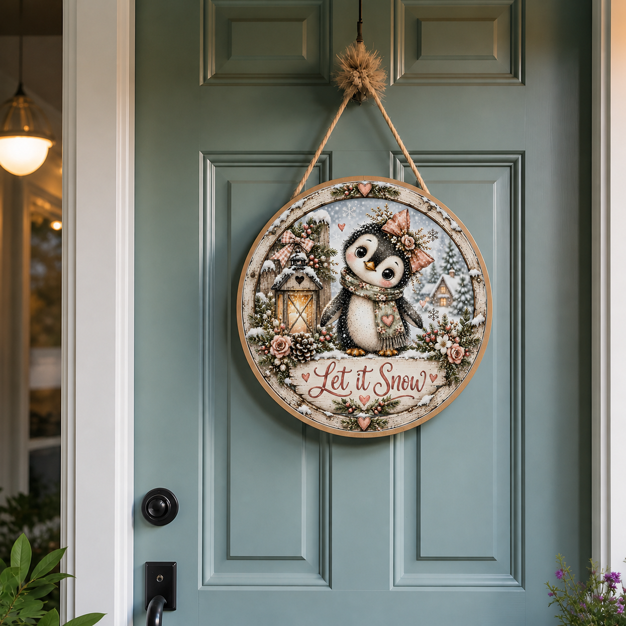 Pippa Let It Snow penguin door round mockup