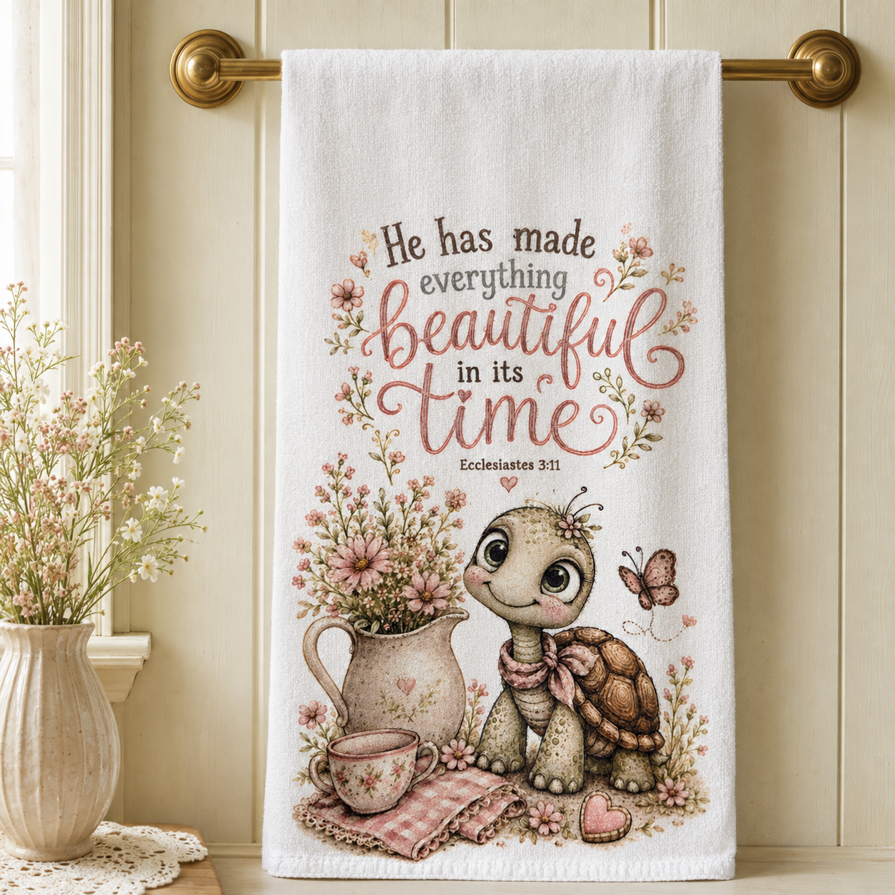 16 x 24 Christian kitchen towel with turtle and Ecclesiastes 3:11