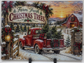 Actual Farm Fresh Christmas Trees glass cutting board featuring vintage red truck, fresh evergreen trees, snowy barn and Christmas decorations
