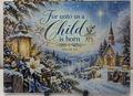 Actual Isaiah 9:6 Christmas glass cutting board with snowy church, lantern, greenery, blue bow and scripture
