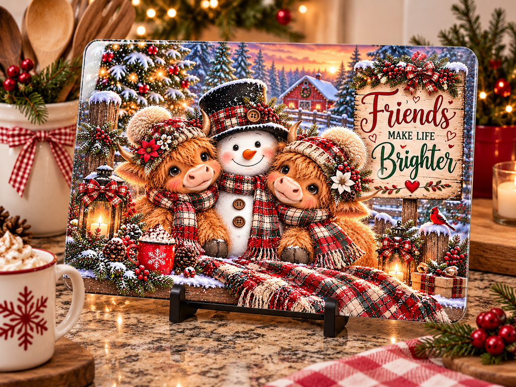 Friends Make Life Brighter Highland cow and snowman Christmas glass cutting board