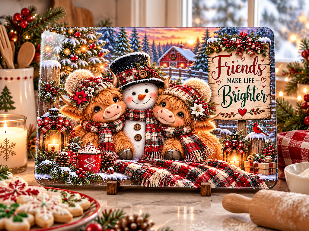 Friends Highland cow glass cutting board holiday baking kitchen mockup