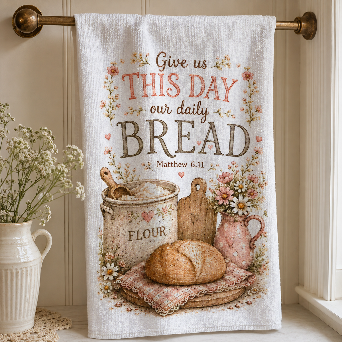 16 x 24 Christian kitchen towel with bread and Matthew 6:11