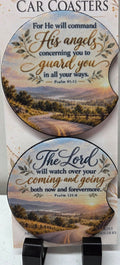Actual set of two scripture neoprene car coasters with finger notches and winding road scenes